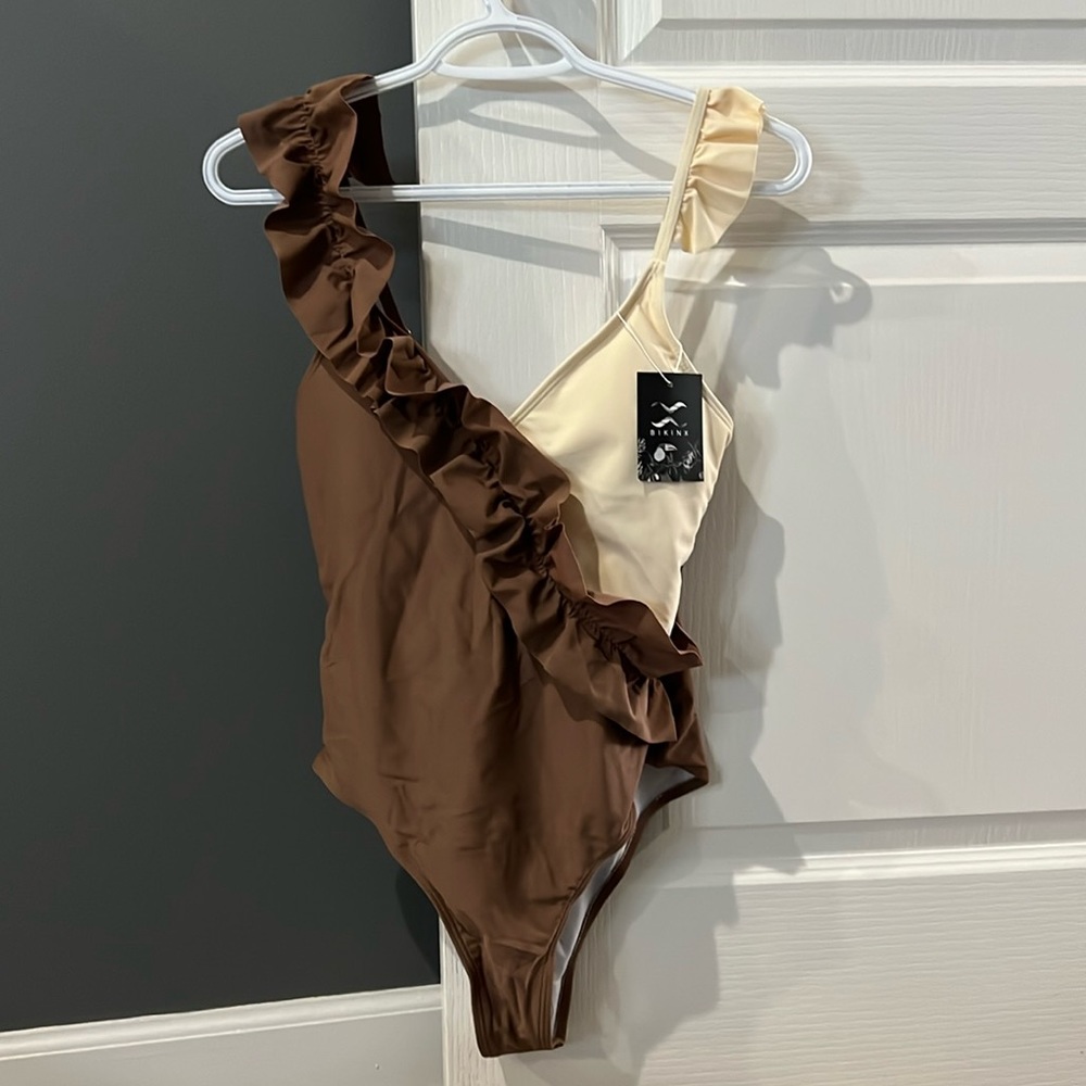 BIKINX‎ One Piece Swimsuit - brown and cream with ruffles.  Size Small. NWT